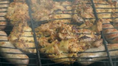 Izgara, taze et kızartması, tavuk barbekü, sosis, kebap, barbekü, barbekü. Yakın çekim, güneşli bir gün, şef ızgara et döner