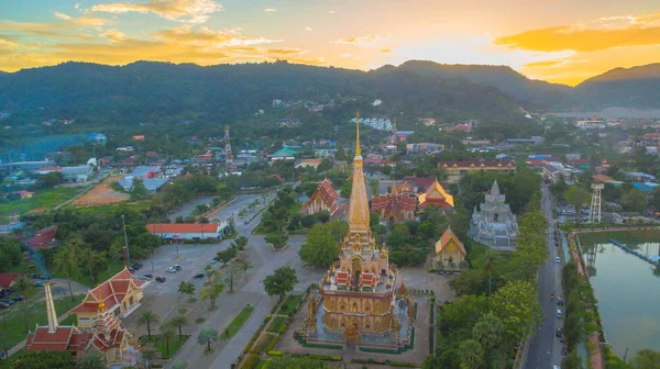 Aerial View Sunset Beautiful Pagoda Chalong Temple Phuket Thailand Chalong — Stock Photo, Image