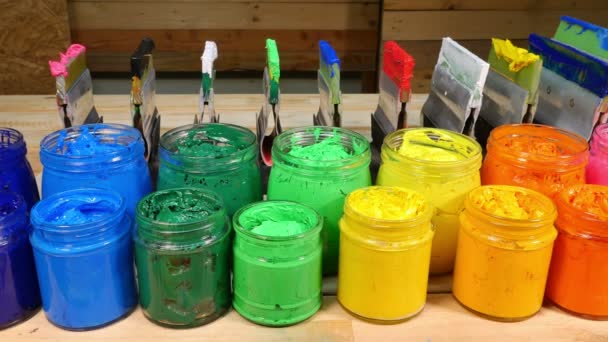 Colorful Plastisol Ink Transparent Bottle Pine Wood Table Plastisol Ink — Stock Video