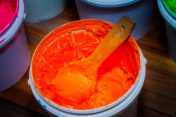 Orangefarbene Farbe Der Plastisoltinte Weißen Kunststofffass Plastisol Tinte Ist Speziell — Stockfoto