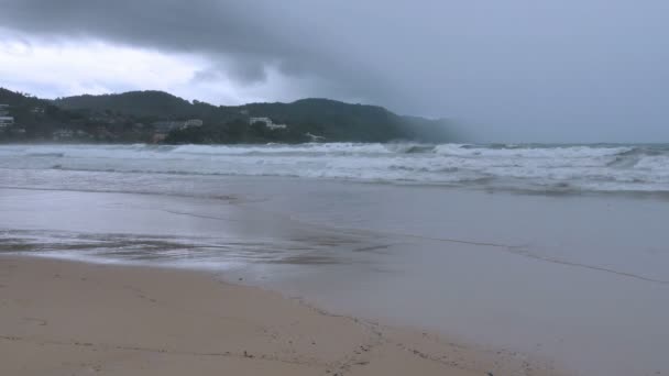 在季风季节与强风 海浪带走了木头 海中的木头和废料在海滩上爆炸了 用木片和垃圾制作肮脏的海滩 — 图库视频影像