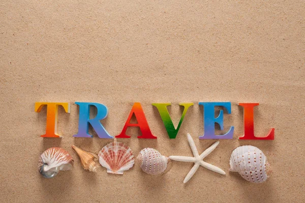 Top View Travel Written Colorful Letters Decorate Shellfish Beach Copy — Stock Photo, Image