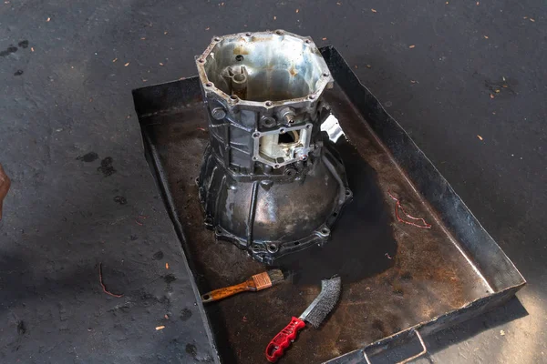 Viejo Motor Fue Desmantelado Lavado Mantenido Garaje —  Fotos de Stock