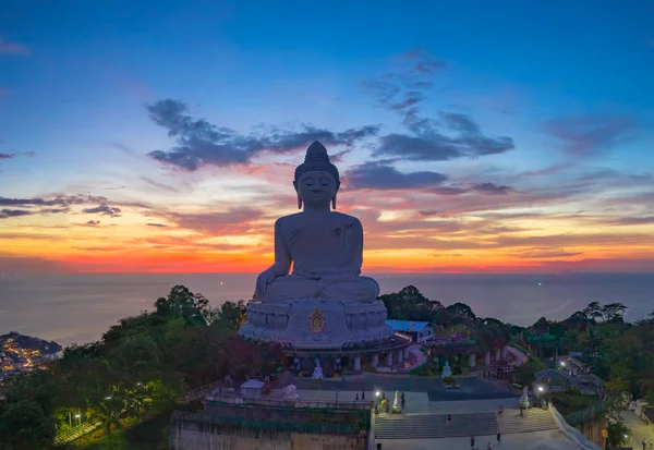 Légi Felvétel Naplemente Phuket Big Buddha Egyike Sziget Legfontosabb Tisztelt — Stock Fotó