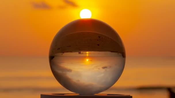 Time Lapse Crystal Glass Ball Sphere Reveals Sunset Seascape Spherical — Stock Video