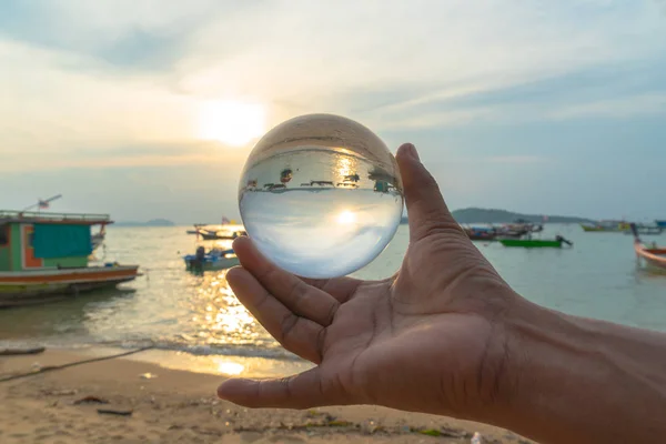 Crystal Glass Ball Sphere Reveals Sunrise Seascape Spherical Perspective Beach — Stock Photo, Image