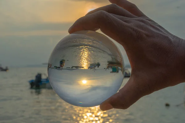 Crystal Glass Ball Sphere Reveals Sunrise Seascape Spherical Perspective Beach — Stock Photo, Image