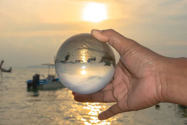 Crystal Glass Ball Sphere Reveals Sunrise Seascape Spherical Perspective Beach — Stock Photo, Image