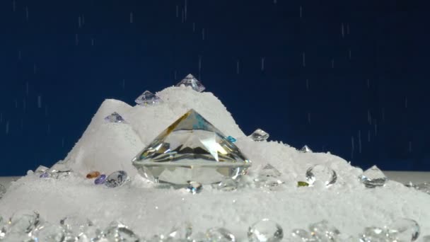Slow Motion Colorful Diamonds Turning Showcase Snowing Background — Stock Video