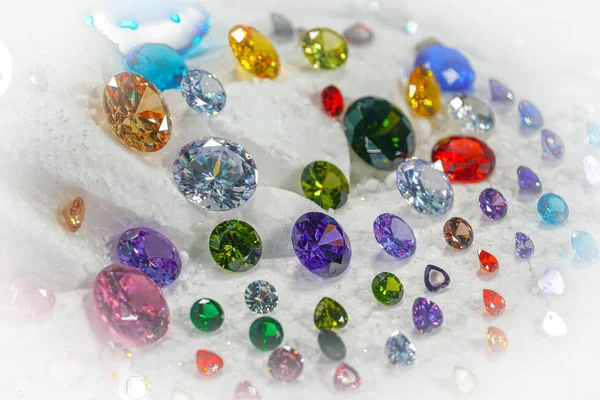 Diamantes Coloridos Transformar Showcase Com Fundo Nevando — Fotografia de Stock