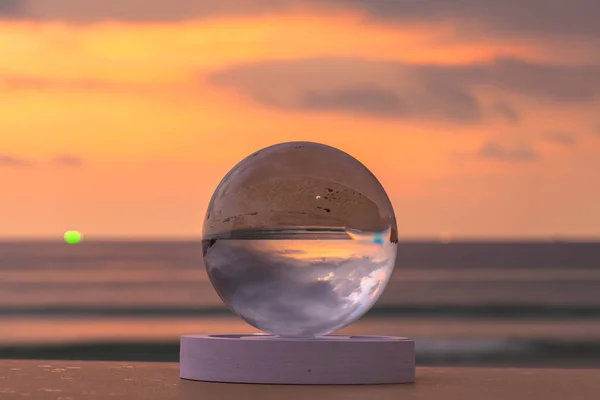 Crystal Glass Ball Sphere Reveals Sunrise Seascape Spherical — Stock Photo, Image