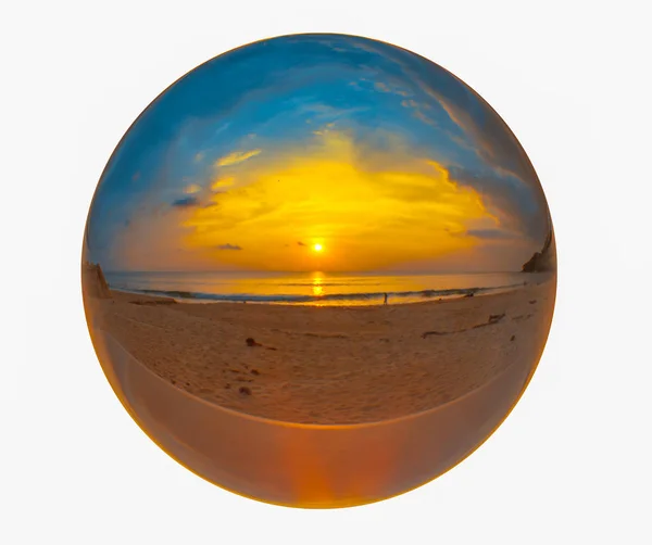 Crystal Glass Ball Sphere Reveals Sunrise Seascape Spherical — Stock Photo, Image