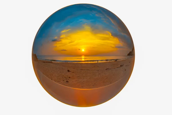 Crystal Glass Ball Sphere Reveals Sunrise Seascape Spherical — Stock Photo, Image