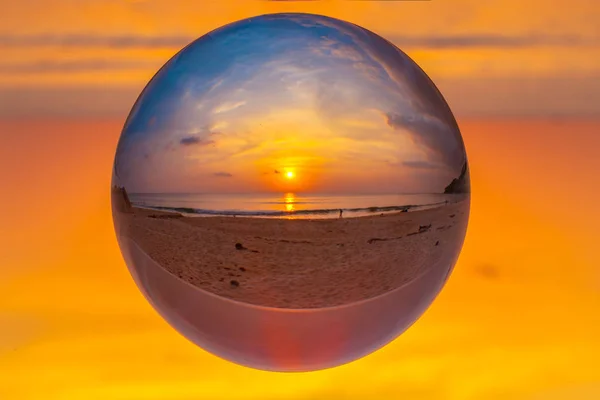 Crystal Glass Ball Sphere Reveals Sunrise Seascape Spherical — Stock Photo, Image