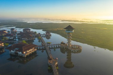 Havadan görünümü Thale Noi Kuş Gözlem Kulesi Phatthalung yukarıda. Thale Noi Tayland en büyük Gölü ikincisidir. Göl bir bol kaynağı su kuşları Habitat deniz gıda kaynağı besindir.