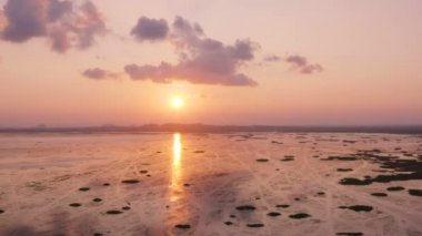 güzel pembe çiçek yapışkan pirinç yosun ile güzel kızıl gökyüzü göl günbatımı zaman Tayland güneyinde Talay noi Phatthalung ili görmek için otopark areial görünümü turistlere tekne.