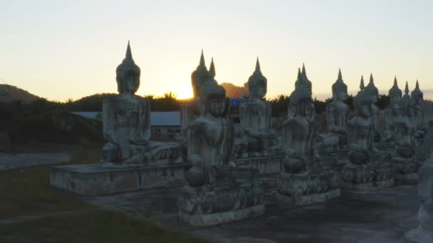 Viele Buddha Statuen Sonnenuntergang Auf Dem Großen Feld Tungsong Nakornsrithammarat — Stockvideo