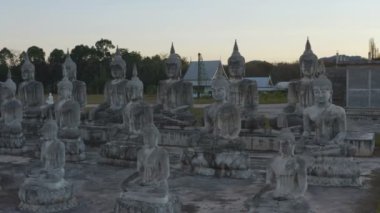 Tungsong Nakornsrithammarat Tayland 'daki büyük tarlada gün batımında birçok Buda heykeli