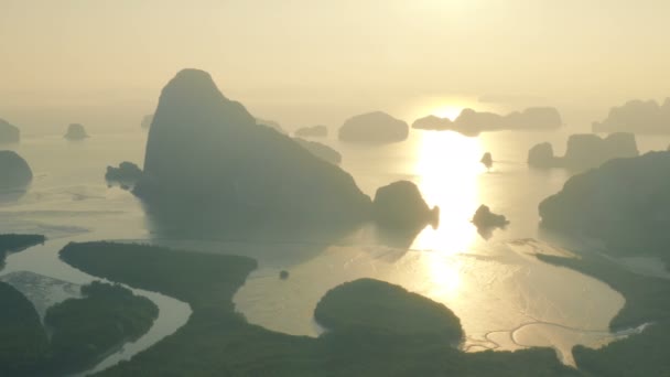 Luftaufnahme Sonnenaufgang Samaed Nangshe Aussichtspunkt Viele Inseln Samed Nangshe Archipel — Stockvideo