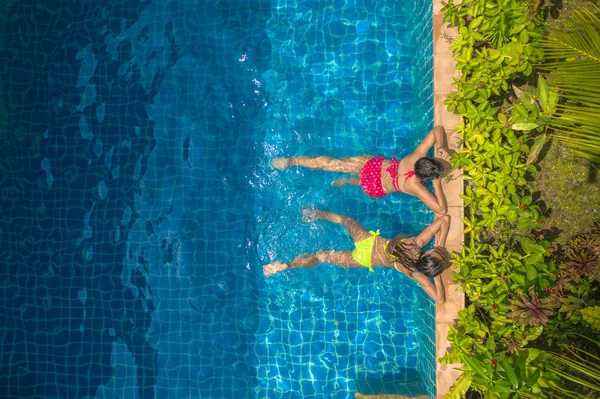 Aerial Top View Swimming Pool Woman Yellow Bikini Woman Red — Stock Photo, Image