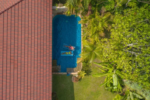 Aerial Top View Swimming Pool Woman Yellow Bikini Woman Red — Stock Photo, Image