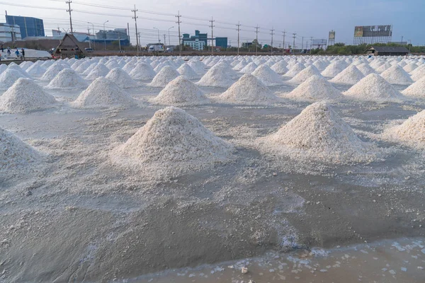 White salt piles in the vast salt fields of the sea