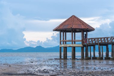 siyah plaj boyunca ahşap köprü