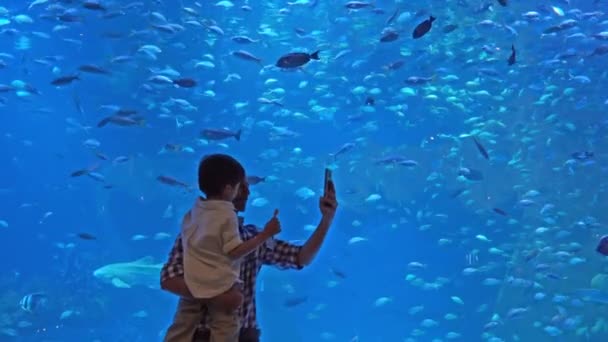 Far Bär Sin Son Att Selfie Framför Fish Display — Stockvideo