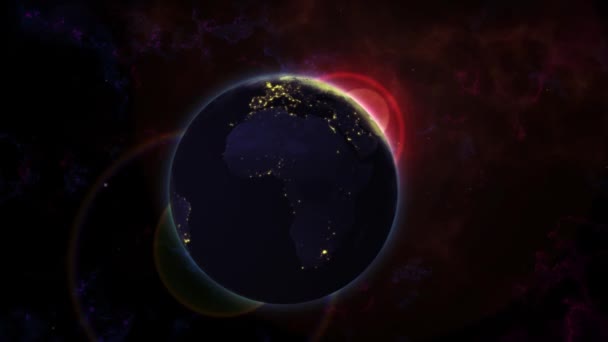 Сонце Землею Вночі Сяє Краю Землі Під Час Обертання Навколо — стокове відео