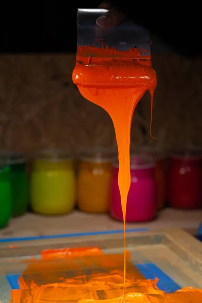 Orange Color Dripping Hand Screen Printing Printing Tee Shirt Tee — Stock Photo, Image