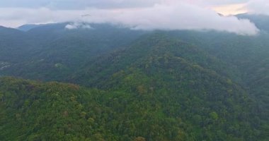 Bulutlu gökyüzünün altında yemyeşil dağlar
