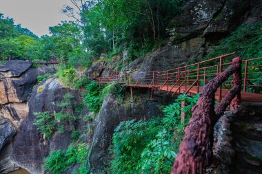Yükselen kaya oluşumları ve uçurumları birbirine bağlayan dar bir köprüyle, yemyeşil ormanlarla çevrili bir nehir vadisinin pitoresk görüntüsü. Doğal güzellik ve canlı yeşillik. Öpücük uçurumu