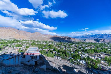 Leh şehrinin engebeli dağların arasına kurulmuş manzarası, mavi gökyüzünün altında karla kaplı tepeler. Bu sakin sahne, doğal ihtişam ve kentsel cazibe arasındaki zıtlığı yakalar..