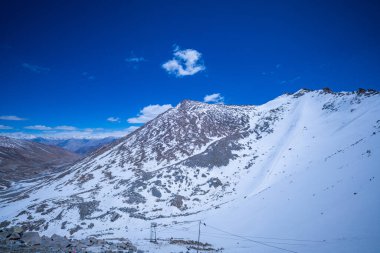 Dalgalı mavi gökyüzünün altında dağılmış bulutlarla yükselen dağların nefes kesici manzarası. Uçsuz bucaksız manzara, uzak figürlerle benekli, uzak bir doğal ortamda korku ve macera hissi uyandırıyor..