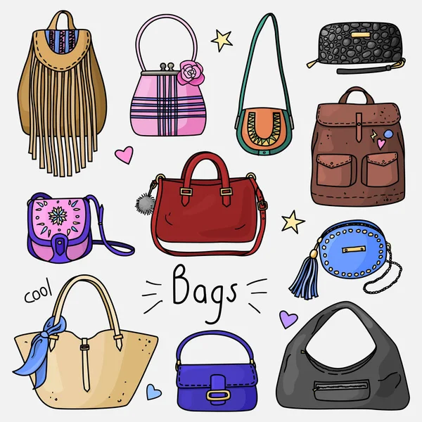 Ensemble d'accessoires pour femmes dessinés à la main. Sacs — Image vectorielle