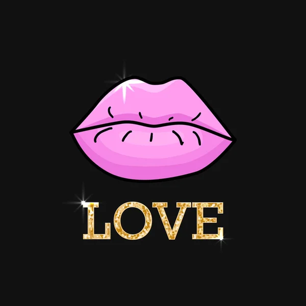 Pembe dudakları ve altın yazıt sevgi ile illüstrasyon — Stok Vektör