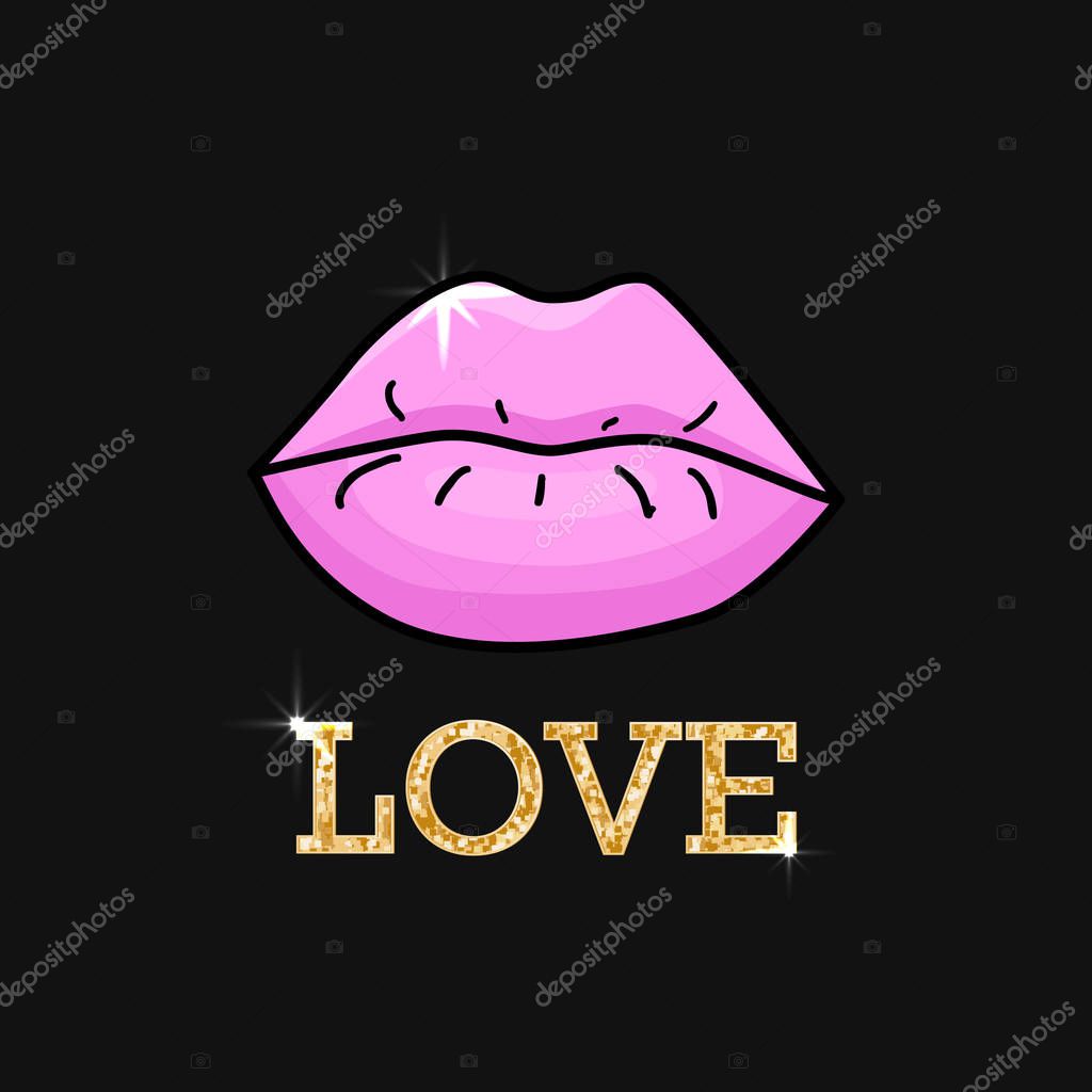 Illustration with pink lips and golden inscription love. Womens day, 14 february or world kissing day