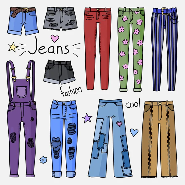 Ensemble de vêtements pour femmes dessinés à la main. Jeans — Image vectorielle