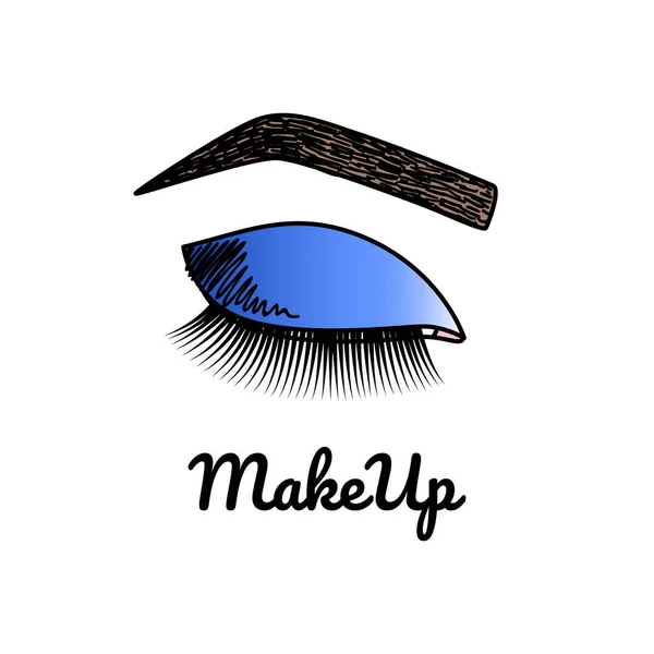Doodle illustratie met oog met blauwe eyeshadows en inscriptie make-up — Stockvector