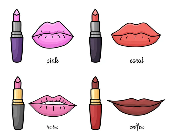 Conjunto de lábios e batons de mulher doodle — Vetor de Stock