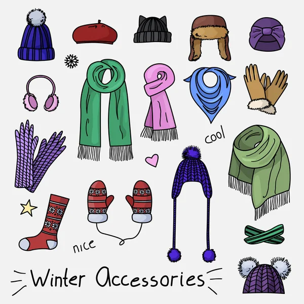 Conjunto de mão mulheres desenhadas acessórios. Inverno —  Vetores de Stock