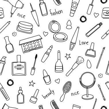 Elle çizilmiş kadın aksesuarları ile Seamless modeli. Kozmetik