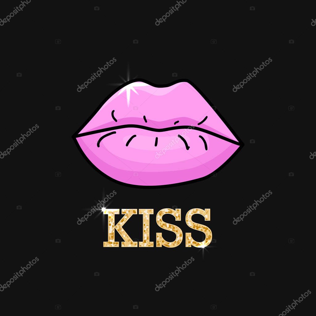 Illustration with pink lips and golden inscription kiss. Womens day, 14 february or world kissing day