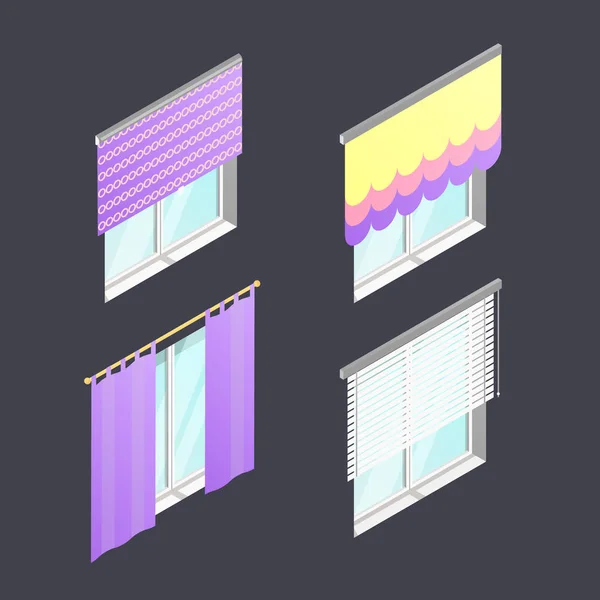 Ensemble de 4 fenêtres isométriques avec différents rideaux — Image vectorielle