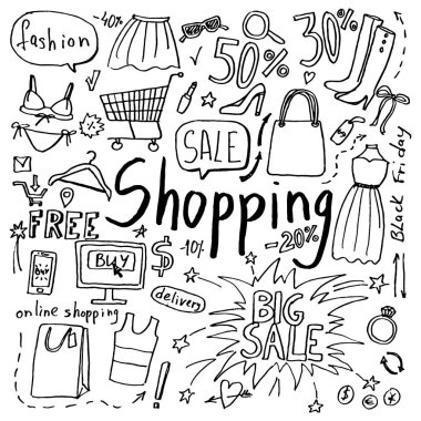 Elle çizilmiş doodle alışveriş ve moda simgeler kümesi