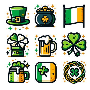 St. Patrick Günü için düz arkaplan ve geometrik tasarım üzerine renkli vektör simgeleri seti. İllüzyon. İzole eşyalar. Terfi, dekorasyon ve çıkartma olarak kullanılacak.