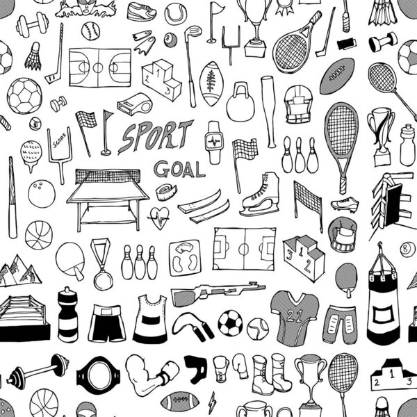 Sport doodle background seamless pattern. Drawing vector illustration hand drawn