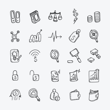 İş vektör karalama simgeleri ayarlandı. Çizim çizimi el çizimi çizimi çizimi.