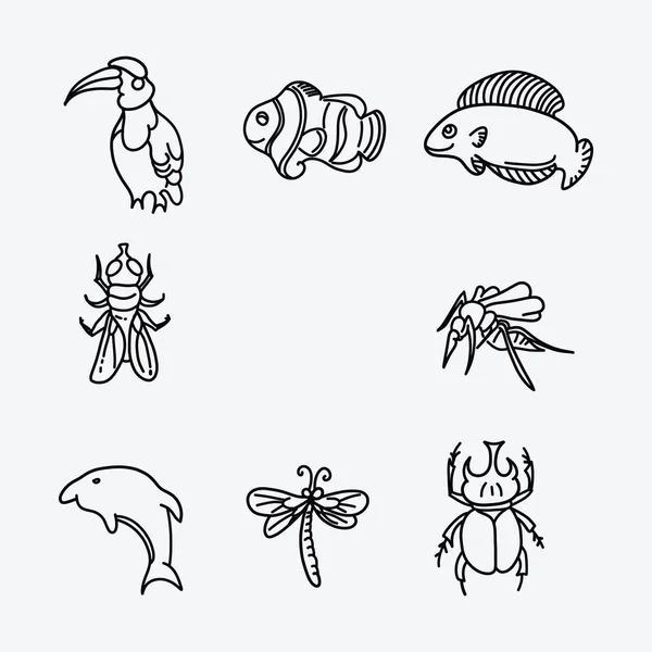 Set Icone Doodle Vettoriali Animali Disegno Schizzo Illustrazione Disegnato Mano — Vettoriale Stock
