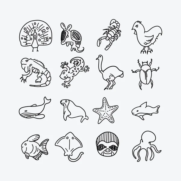 Ensemble Icônes Gribouillage Vectoriel Animal Dessin Dessin Illustration Ligne Dessinée — Image vectorielle